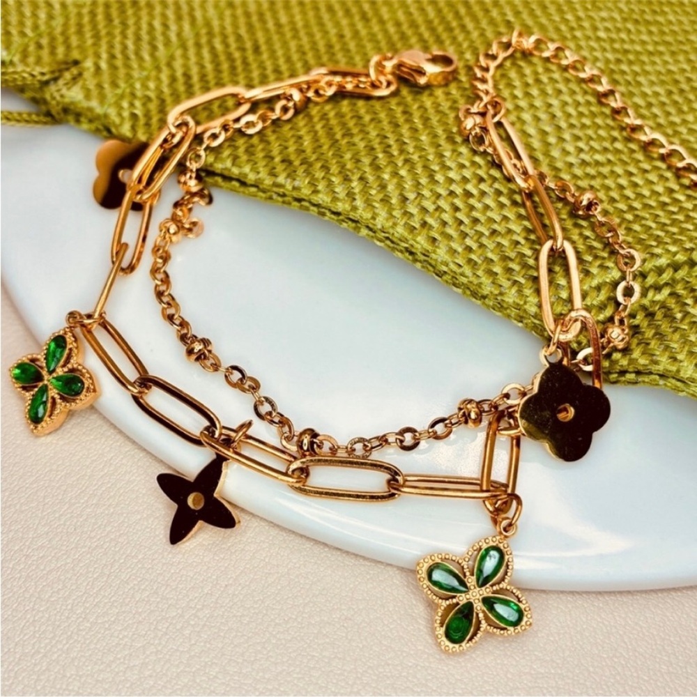 Gold and Green Floral Lucky Clover Charm Paper Clip Chain Layered Bracelet